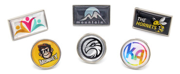 Lapel pin badges - 18mm circle or 25 x 14mm rectangle with silver border | www.namebadgesinternational.co.uk
